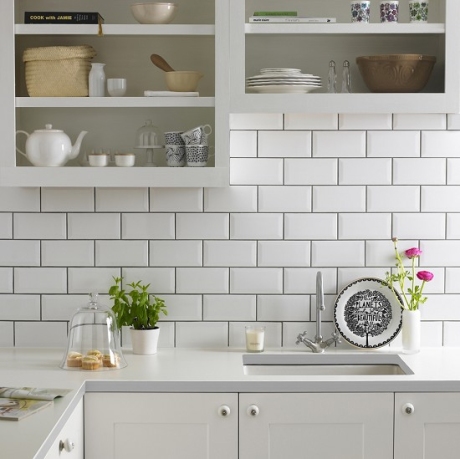 Topps Tiles White Metro, bevelled jewels in a kitchen